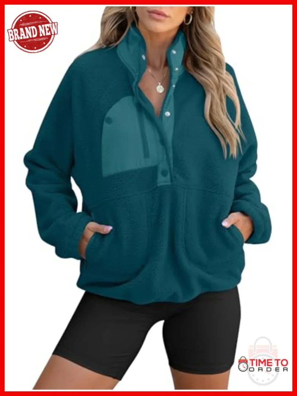 Fuzzy Fleece Pullover Sherpa Jacket - Color Block, Button Down, Long Sleeve,